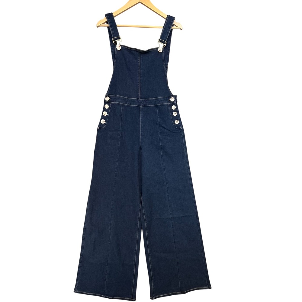 Collectif London Womens Wide Leg Denim Overalls Dark Wash Blue Side Button L 14